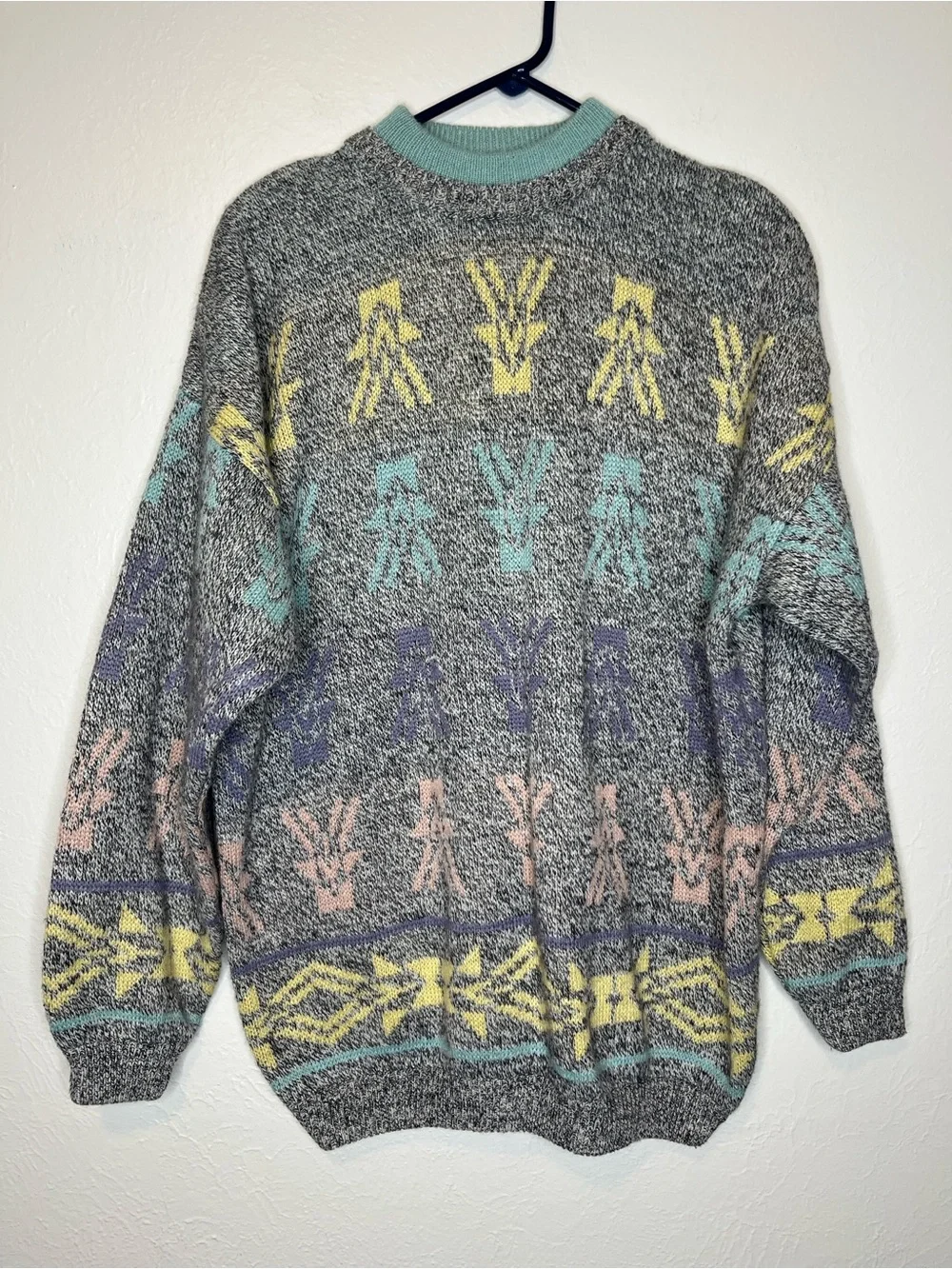 Vintage 80s Esprit Heather Gray and Pastel Sweater Crewneck Cozy Ski Preppy